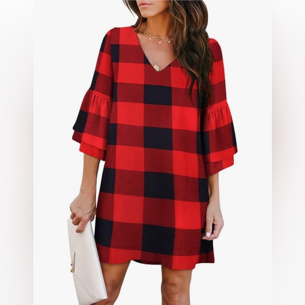 BELONGSCI Women's Dress Sweet & Cut Bell Sleeve Shift Dress Mini Dress